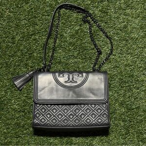 Tory Burch Fleming Matte Black Quilted Leather Shoulder Crossbody Bag Tassel